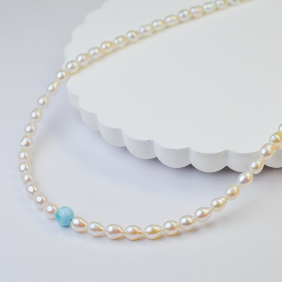 Larimar & Mini Baroque Pearl Necklace 16.5-18.5" - Picture 1 of 7